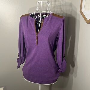 Lauren Jeans Company 3/4 Sleeve Purple Top With Suede Shoulders Button Up Sz S